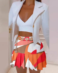 Women Pleated Mini Skirts Suit & Blazer Tops
