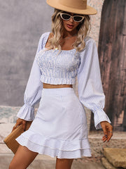 Sweet Striped Flare Sleeve 2-Piece Skirt Suit for Elegant Ladies