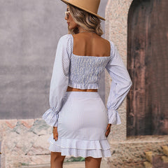 Sweet Striped Flare Sleeve 2-Piece Skirt Suit for Elegant Ladies