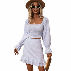 Sweet Striped Flare Sleeve 2-Piece Skirt Suit for Elegant Ladies