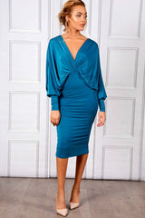 Elegant Teal Batwing Sleeve Midi Dress