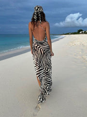 Elegant V-Neck Striped Beach Dress with Side Split