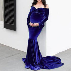 Ethereal Elegance: Long Sleeve Velvet Maternity Dress for Photoshoot
