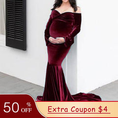 Ethereal Elegance: Long Sleeve Velvet Maternity Dress for Photoshoot