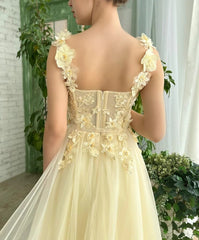 Exquisite Sunset Yellow Floral Strap A-Line Prom Dress
