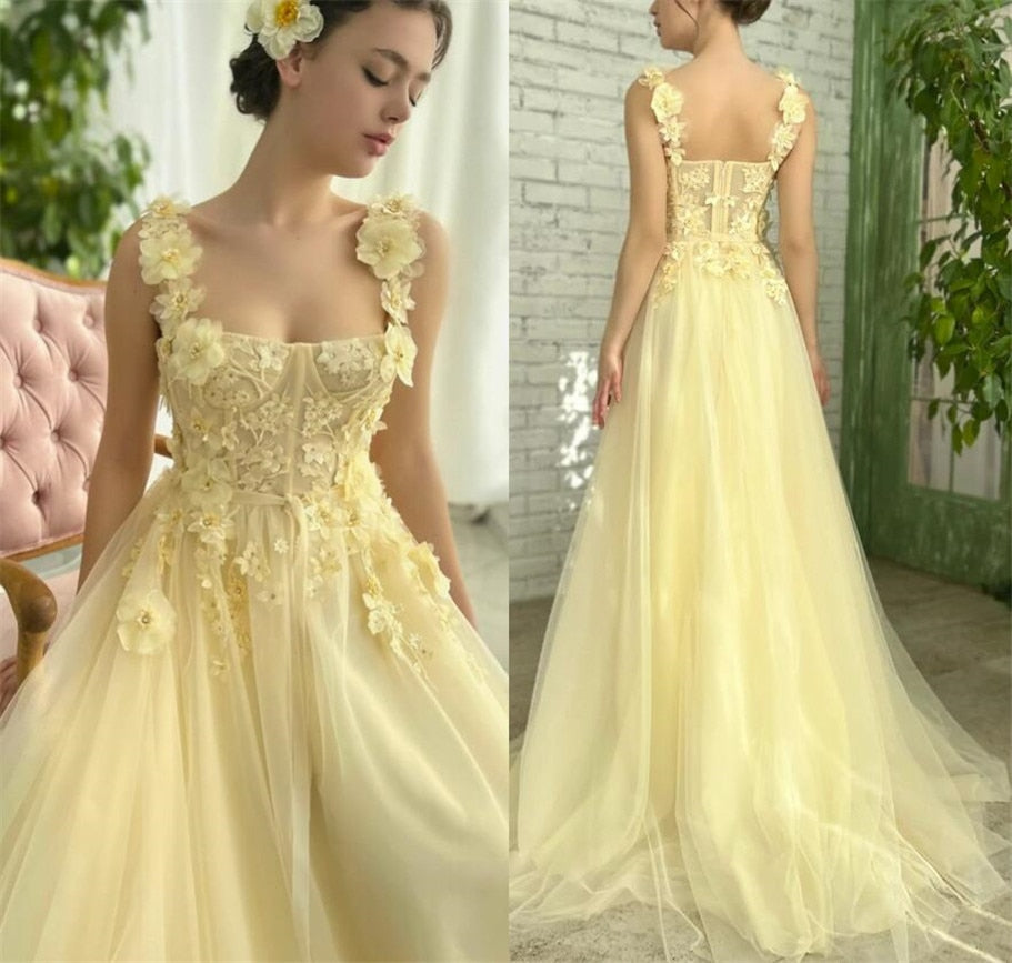Exquisite Sunset Yellow Floral Strap A-Line Prom Dress