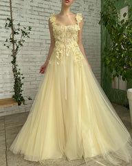 Exquisite Sunset Yellow Floral Strap A-Line Prom Dress