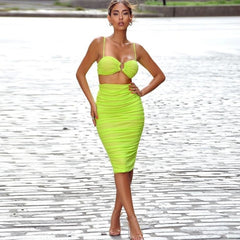 Sexy mesh elegant yellow dress Women two piece suit winter