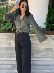 Timeless Elegance: Women's Bow Shirt and Pleated Skirt Suit