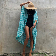Women Black Tie Dye Kimono Swimsuit Cape