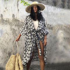 Women Black Tie Dye Kimono Swimsuit Cape