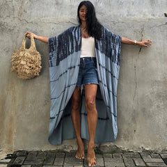 Women Black Tie Dye Kimono Swimsuit Cape