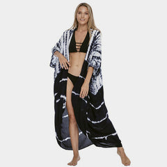 Women Black Tie Dye Kimono Swimsuit Cape