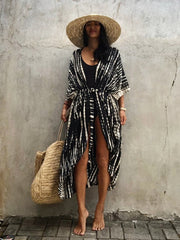 Women Black Tie Dye Kimono Swimsuit Cape