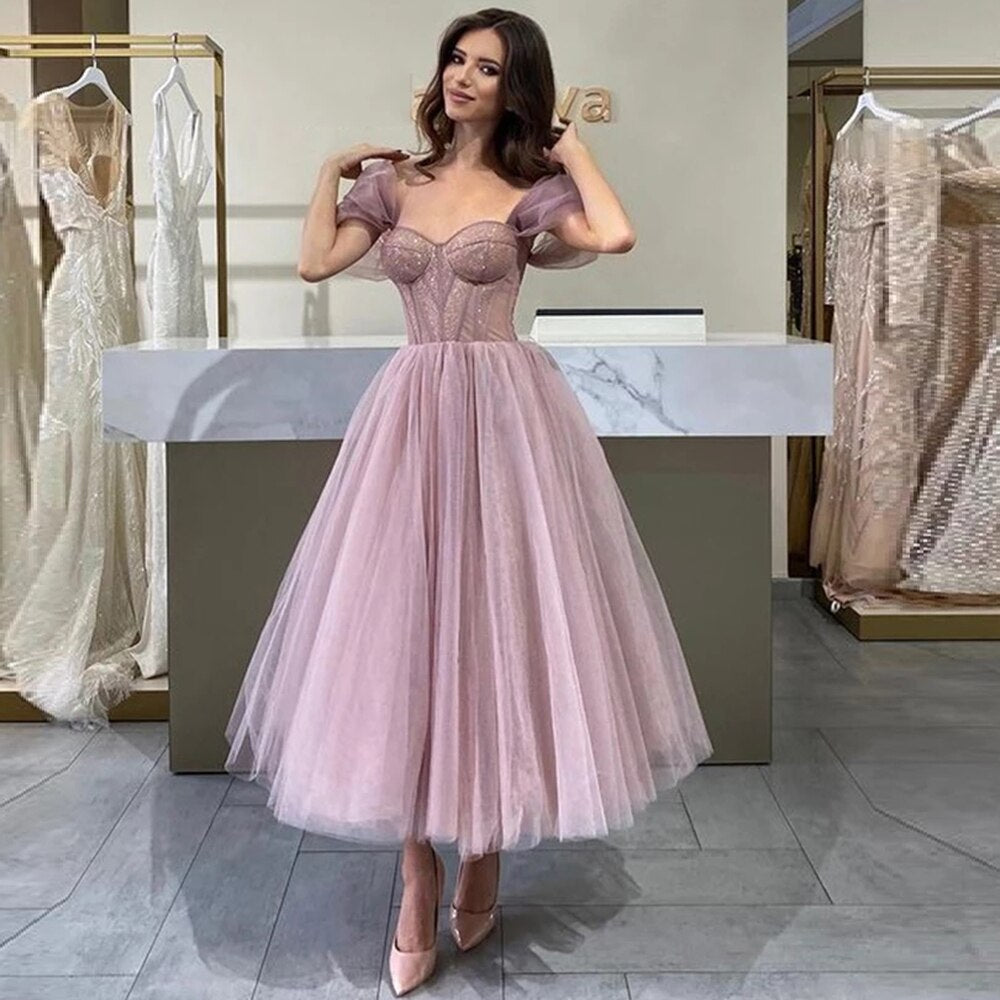 Enchanting Tulle Tea-Length Off the Shoulder Prom Dress