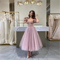 Enchanting Tulle Tea-Length Off the Shoulder Prom Dress