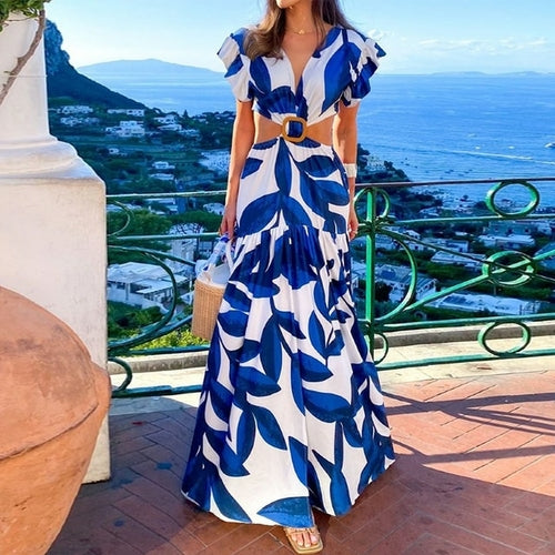 Elegant Floral Print Maxi Dress with V-Neck and Leaky Waist