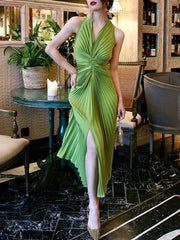 Elegant Pleated V-neck Split Skinny Dress for Women