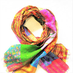 Vintage Silk Saree Scarf - Hand Stitched Kantha Upcycled