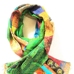 Vintage Silk Saree Scarf - Hand Stitched Kantha Upcycled