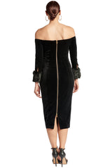 Velvet Dream Dress - Luxurious Off the Shoulder Long Sleeve Dress with Faux Fur