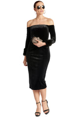 Velvet Dream Dress - Luxurious Off the Shoulder Long Sleeve Dress with Faux Fur