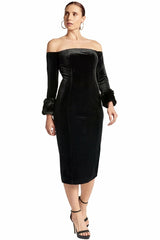 Velvet Dream Dress - Luxurious Off the Shoulder Long Sleeve Dress with Faux Fur