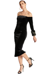 Velvet Dream Dress - Luxurious Off the Shoulder Long Sleeve Dress with Faux Fur