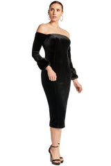 Velvet Dream Dress - Luxurious Off the Shoulder Long Sleeve Dress with Faux Fur