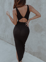 Sleek Chic Ribbed Black Dress