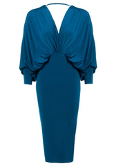 Elegant Teal Batwing Sleeve Midi Dress