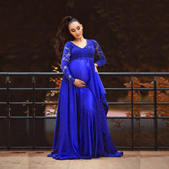 Maternity Baby Shower Dress V-neck Long Sleeves Lace Chiffon Maxi Gown