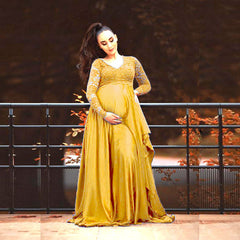 Maternity Baby Shower Dress V-neck Long Sleeves Lace Chiffon Maxi Gown