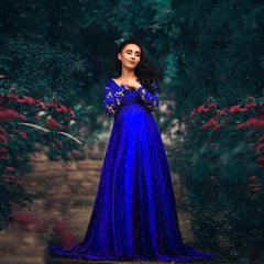 Maternity Baby Shower Dress V-neck Long Sleeves Lace Chiffon Maxi Gown