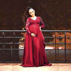 Maternity Baby Shower Dress V-neck Long Sleeves Lace Chiffon Maxi Gown