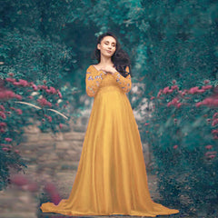 Maternity Baby Shower Dress V-neck Long Sleeves Lace Chiffon Maxi Gown