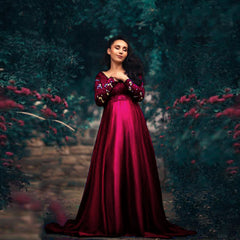Maternity Baby Shower Dress V-neck Long Sleeves Lace Chiffon Maxi Gown