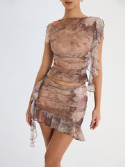 Floral Ruffle Crop Top and Skirt Set for Women