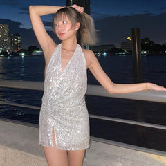 Glamorous Sequin Sparkle Halter Backless Bodycon Dress