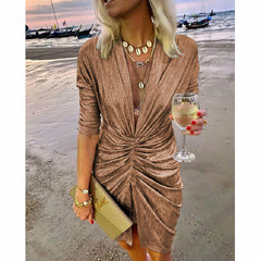 Sparkling V-neck Pleated Party Dress