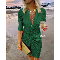 Sparkling V-neck Pleated Party Dress