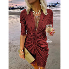 Sparkling V-neck Pleated Party Dress