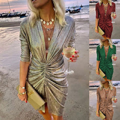 Sparkling V-neck Pleated Party Dress
