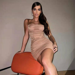 Seductive Mesh Halter Ruched Bodycon Party Dress