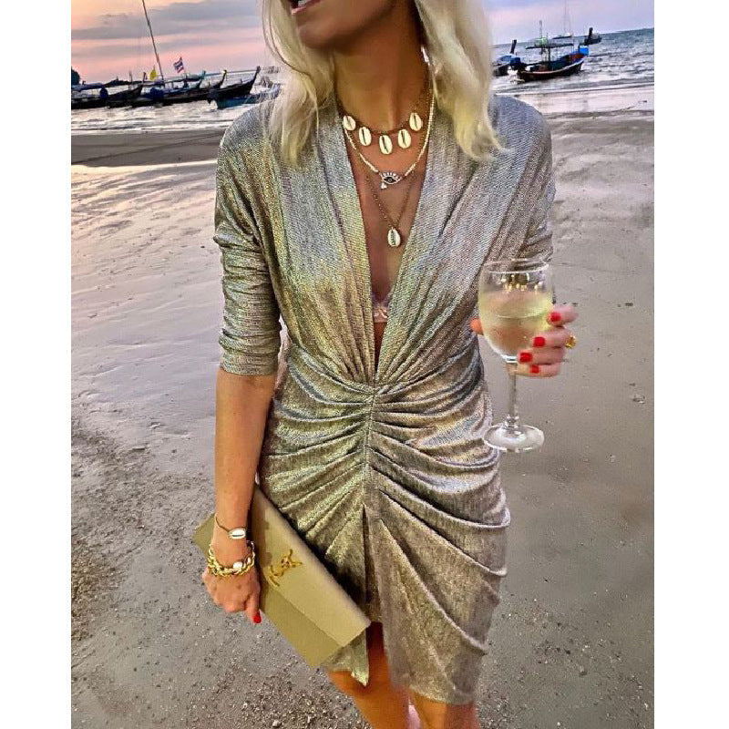 Sparkling V-neck Pleated Party Dress