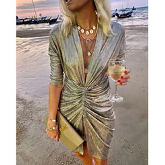 Sparkling V-neck Pleated Party Dress