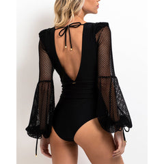 Long Sleeve High-Waisted Sexy Backless Deep V One Piece Swimsuit