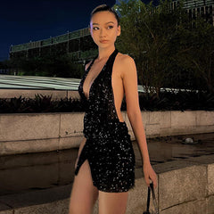 Glamorous Sequin Sparkle Halter Backless Bodycon Dress