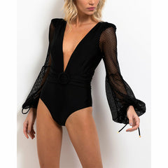 Long Sleeve High-Waisted Sexy Backless Deep V One Piece Swimsuit