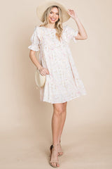Printed Ruffle Short Sleeve Tiered Swing Dress